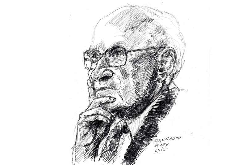 Un croquis détaillé en noir et blanc de Milton Friedman, plongé dans ses pensées, la main posée sur son menton. Milton Friedman, connu pour son travail influent sur les politiques de libre marché et les conséquences économiques de ses théories.