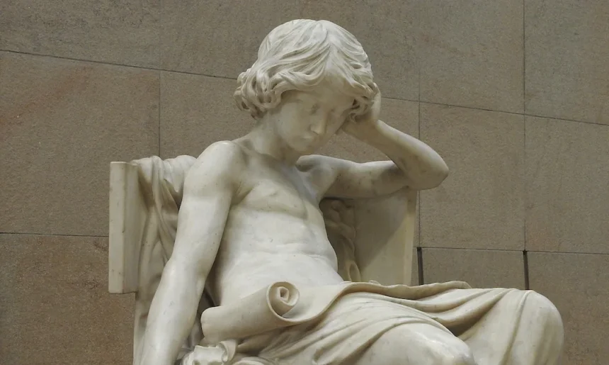 This marble sculpture depicts a young Aristotle in deep contemplation, symbolizing the early development of moral judgment and philosophical inquiry.
