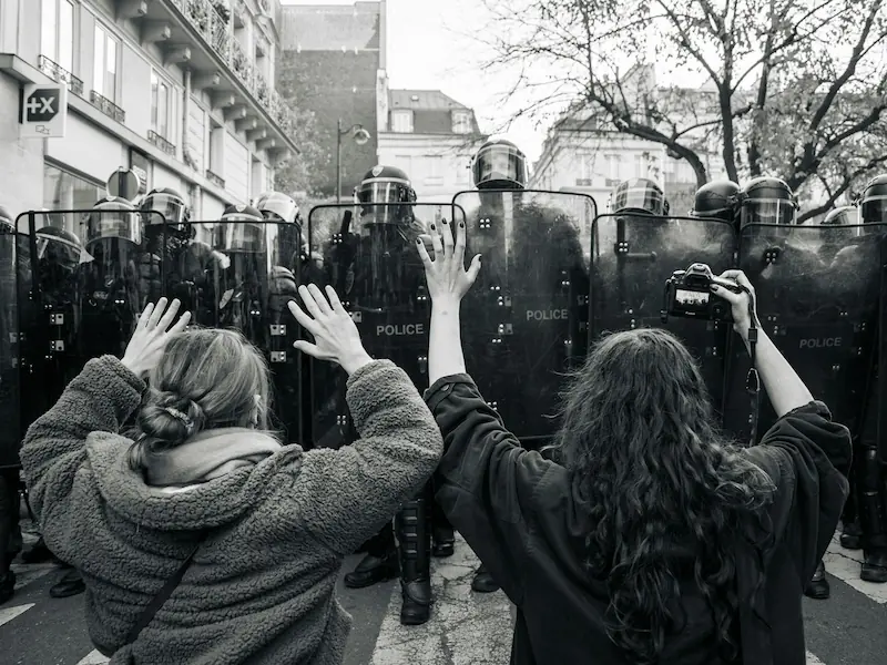 Disintegrating Societies: A powerful black and white photograph of two unarmed protesters raising their hands in front of a line of riot police with shields. The image encapsulates the growing divide between civil resistance and state authority, symbolizing societal unrest and the erosion of democracy.