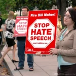 Miembros de American Life League, una organización católica conservadora, protestan contra el comediante Bill Maher por supuestamente promover discursos antirreligiosos. El llamado a «Detener el discurso de odio»—utilizado aquí contra la crítica secular—ilustra cómo el término se ha convertido en una herramienta invocada por todos los sectores ideológicos, definida menos por su contenido que por marcos morales en disputa. Foto de Johanna Dasteel (CC BY-NC).