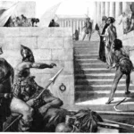 Illustration of the persecution and murder of Hypatia of Alexandria by Lee Woodward Zeigler, from Charles Kingsley’s Hypatia (early 20th-century edition). The image dramatizes the philosopher's brutal death in 415 CE at the hands of a Christian mob, amidst religious and political upheaval in late antique Alexandria.