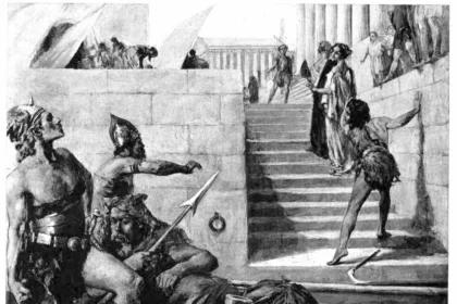 Illustration of the persecution and murder of Hypatia of Alexandria by Lee Woodward Zeigler, from Charles Kingsley’s Hypatia (early 20th-century edition). The image dramatizes the philosopher's brutal death in 415 CE at the hands of a Christian mob, amidst religious and political upheaval in late antique Alexandria.