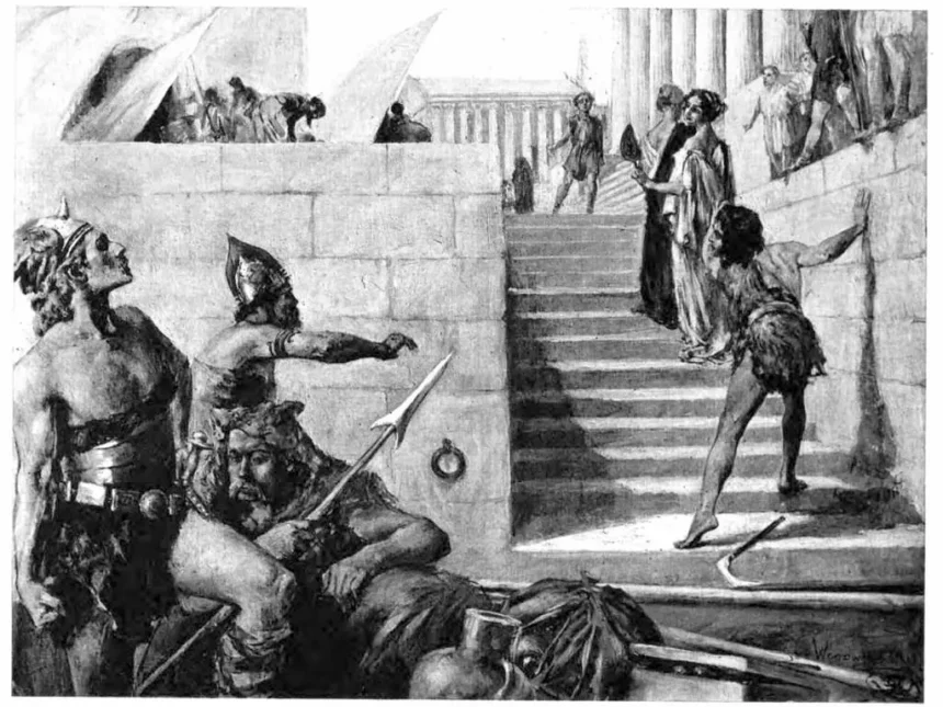 Ilustración Ilustración de la persecución y asesinato de Hipatia de Alejandría por Lee Woodward Zeigler, extraída de la obra *Hypatia* de Charles Kingsley (edición de principios del siglo XX). La imagen dramatiza la brutal muerte de la filósofa en el año 415 d. C. a manos de una turba cristiana, en medio de la agitación religiosa y política de la Alejandría de la Antigüedad tardía.