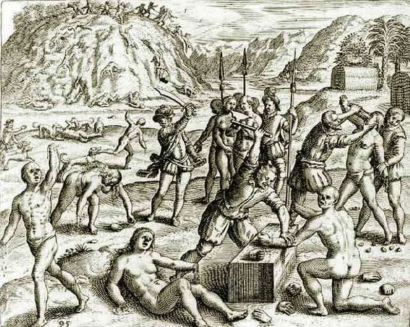 Persecution and mutilation of Arawak Indians by Spanish colonizers for failing to meet tribute demands. Engraving by Theodor de Bry, based on the accounts of Bartolomé de las Casas, late 16th century.