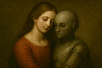 An intimate moment between human and machine, questioning the boundaries of love and morality in a world increasingly defined by technology and artificial intelligence.