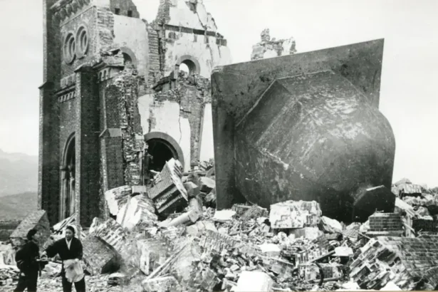 Ruins of Urakami Cathedral in Nagasaki, where the atomic bomb detonated on August 9, 1945, destroying the heart of Japan’s largest Christian community.
