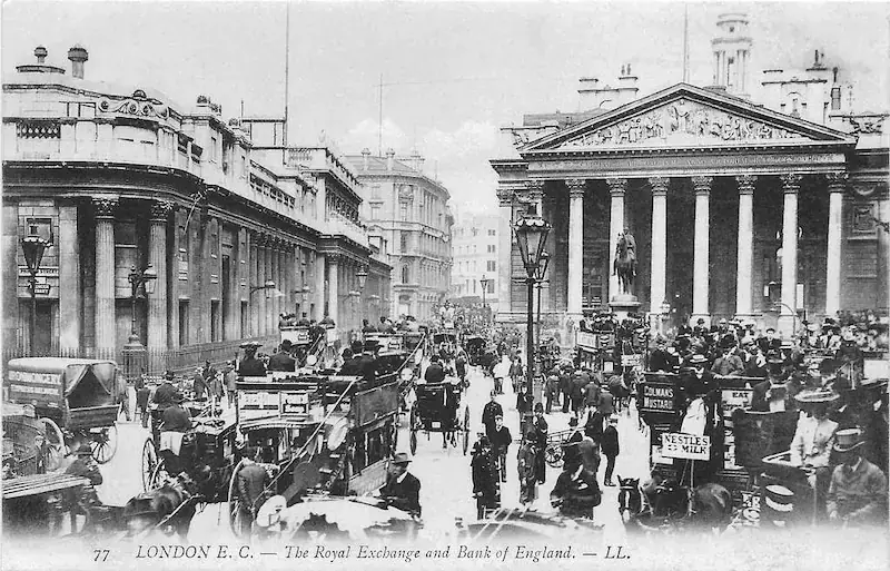 Street view of the Royal Exchange and the Bank of England, London E.C. Horse-drawn carriages and pedestrians fill the busy financial district in the late 19th century. (C00)_Stock market