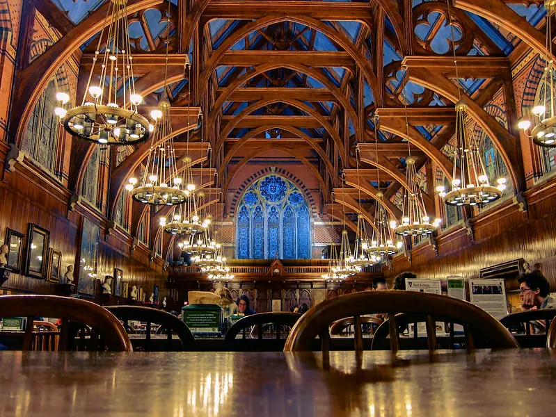 Admissions at A dining hall at Harvard University, inside Memorial Hall.