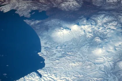 Satellite view of Russia’s Far Eastern Pacific frontier, a strategic launch point toward the Kuril Islands and northern Japan (NASA). Ainu.