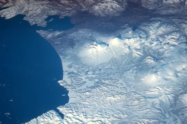 Satellite view of Russia’s Far Eastern Pacific frontier, a strategic launch point toward the Kuril Islands and northern Japan (NASA). Ainu.