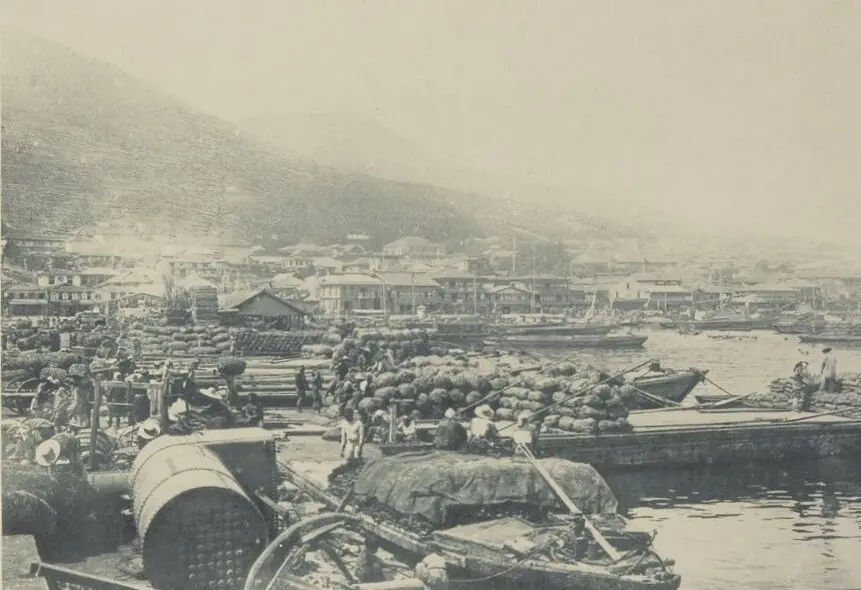 Port of Hakodate, 1897. One of Hokkaido’s principal maritime gateways during the Meiji period, illustrating the island’s early integration into Pacific and North Pacific trade networks.