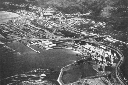 Maoka (now Kholmsk), a Japanese port city in Karafuto (southern Sakhalin) during World War II, reflecting Japan’s historical projection of power north of Hokkaido.