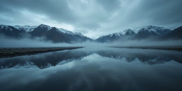Fog drifting across an Arctic fjord beneath snow-covered mountain ranges. Photo by Tomsk (CC BY). 