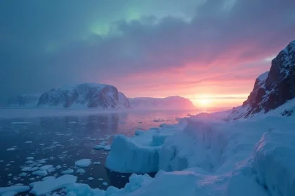 Arctic sea ice and frozen coastal cliffs under the midnight glow of the northern horizon. Photo by Tomsk (CC BY). 