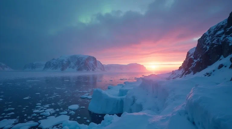 Arctic sea ice and frozen coastal cliffs under the midnight glow of the northern horizon. Photo by Tomsk (CC BY). 