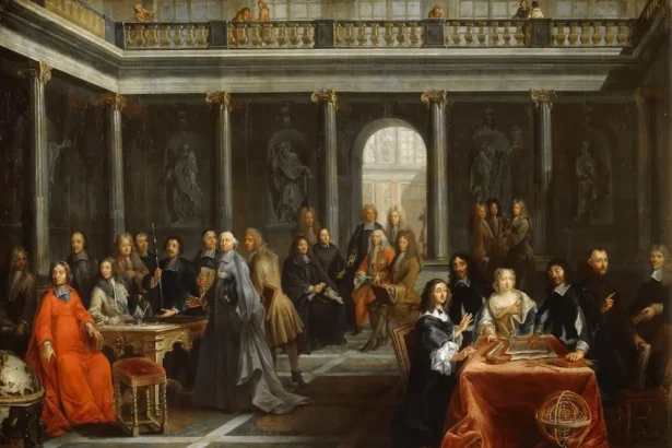 Epistemic ecology_'Dispute of Queen Christina Vasa and René Descartes', 1884. Even the philosopher who modeled solitary reasoning spent years answering Queen Christina of Sweden's questions before arriving at her court. His more consequential correspondent, though, was Elisabeth of Bohemia: her 58 letters with Descartes (1643-49) forced him to confront the central weakness in his mind-body dualism. Painting by Nils Forsberg (1842-1934), after Pierre-Louis Dumesnil the Younger (1698-1781)