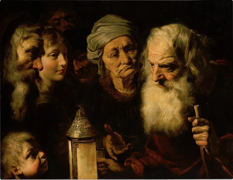 Pieter van Mol, Diógenes con su linterna buscando a un hombre honesto, siglo XVII. Colección Jacqui Safra. Dominio público.