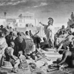 Pericles addresses the Athenian assembly from the Pnyx, delivering the funeral oration Thucydides renders as the definitive statement of Athenian democratic self-understanding — the speech Smith gestures toward when he names Pericles among history's masters of persuasion. Philipp Foltz, Pericles' Funeral Oration (Perikles hält die Leichenrede), 1852. Public domain.