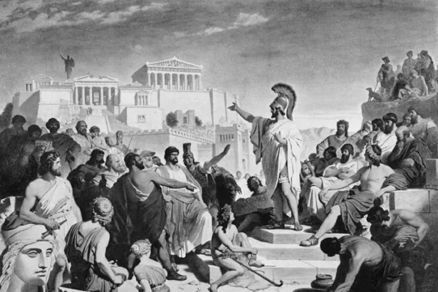Pericles addresses the Athenian assembly from the Pnyx, delivering the funeral oration Thucydides renders as the definitive statement of Athenian democratic self-understanding — the speech Smith gestures toward when he names Pericles among history's masters of persuasion. Philipp Foltz, Pericles' Funeral Oration (Perikles hält die Leichenrede), 1852. Public domain.