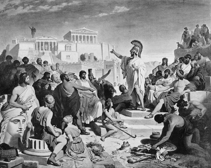 Pericles addresses the Athenian assembly from the Pnyx, delivering the funeral oration Thucydides renders as the definitive statement of Athenian democratic self-understanding — the speech Smith gestures toward when he names Pericles among history's masters of persuasion. Philipp Foltz, Pericles' Funeral Oration (Perikles hält die Leichenrede), 1852. Public domain.
