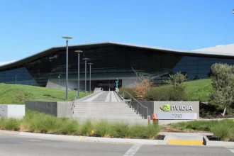 Nvidia's headquarters in Santa Clara, California. The company's chips power most of the world's leading AI models, yet its own production depends entirely on a single Taiwanese manufacturer. Photo by Coolcaesar (CC BY-SA)