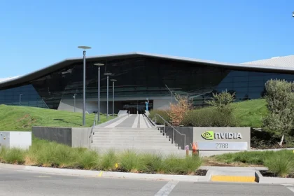 Nvidia's headquarters in Santa Clara, California. The company's chips power most of the world's leading AI models, yet its own production depends entirely on a single Taiwanese manufacturer. Photo by Coolcaesar (CC BY-SA)