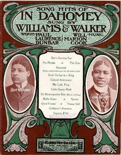 Sheet music cover for black Song Hits of In Dahomey, featuring Bert Williams and George Walker, 1902 (Harry Von Tilzer Music Publishing Co., public domain).