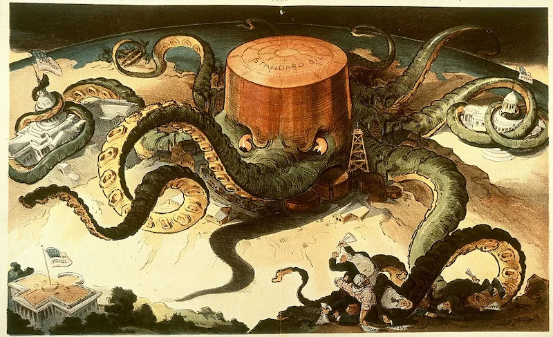 A 1904 cartoon by Udo Keppler depicts Standard Oil as an octopus reaching into shipping, steel, state legislatures, and the U.S. Capitol, capturing the public alarm over the wave of Power corporate consolidation that produced 157 major trusts between 1895 and 1904.
