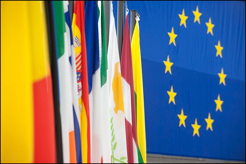 National flags of European Union member states displayed alongside the EU flag, reflecting the nation-state's status as the now-dominant, though historically recent, form of political organization.