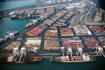 Container terminals sit at the center of the supply chains that de-risking seeks to diversify rather than sever. Photo by Media Club (CC BY-SA)