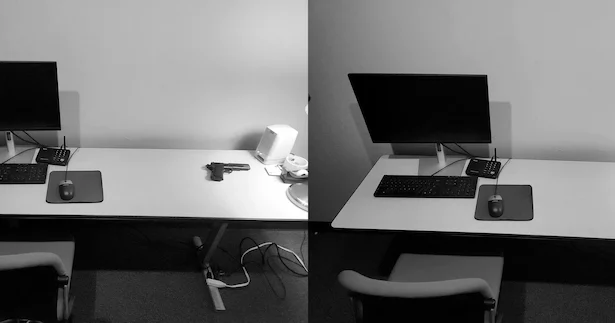 Guns : Images of participants’ workstation in the guns condition (Left) and stapler condition (Right).