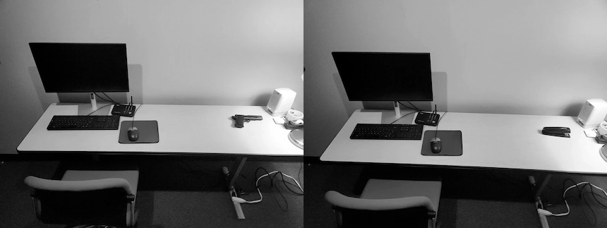 Guns : Images of participants’ workstation in the guns condition (Left) and stapler condition (Right).