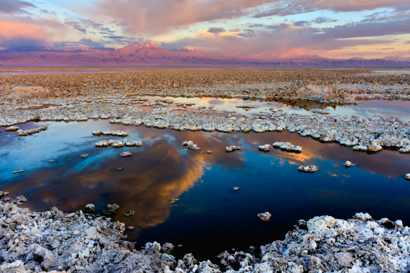 Critical minerals: the Salar de Atacama salt flat in Chile at sunset, with volcanoes on the horizon