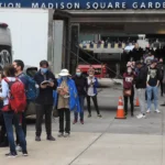 Election integrity: voters waiting in line to vote early beneath Madison Square Garden, New York