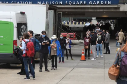 Election integrity: voters waiting in line to vote early beneath Madison Square Garden, New York